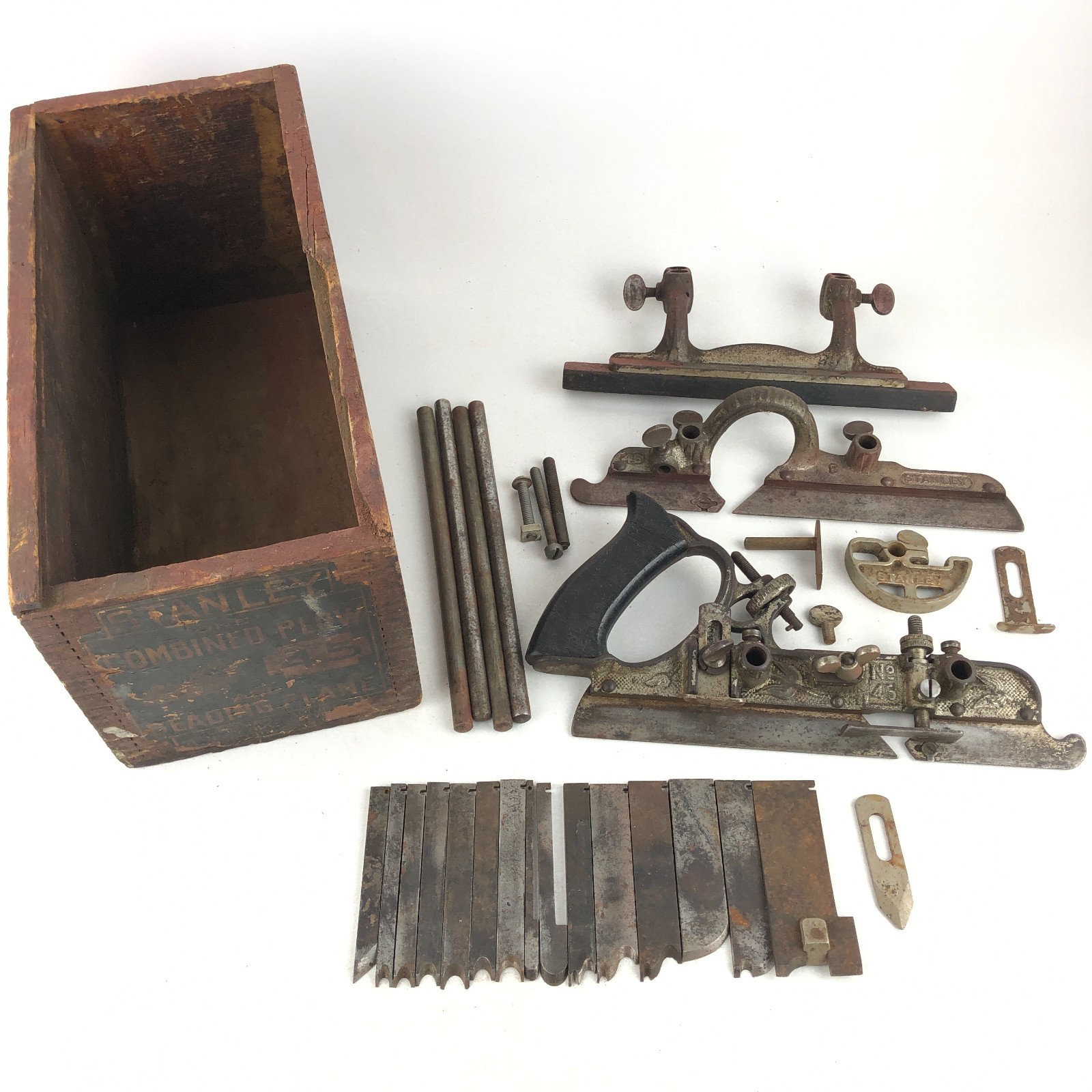 Antique STANLEY 45 Combination Plow Plane Wood Box Tool Beading Cutters Vintage