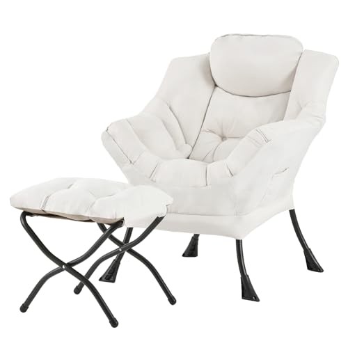 Lazy Chair with Ottoman, Modern Large Accent Lounge Armchair, Peach Skin Beige