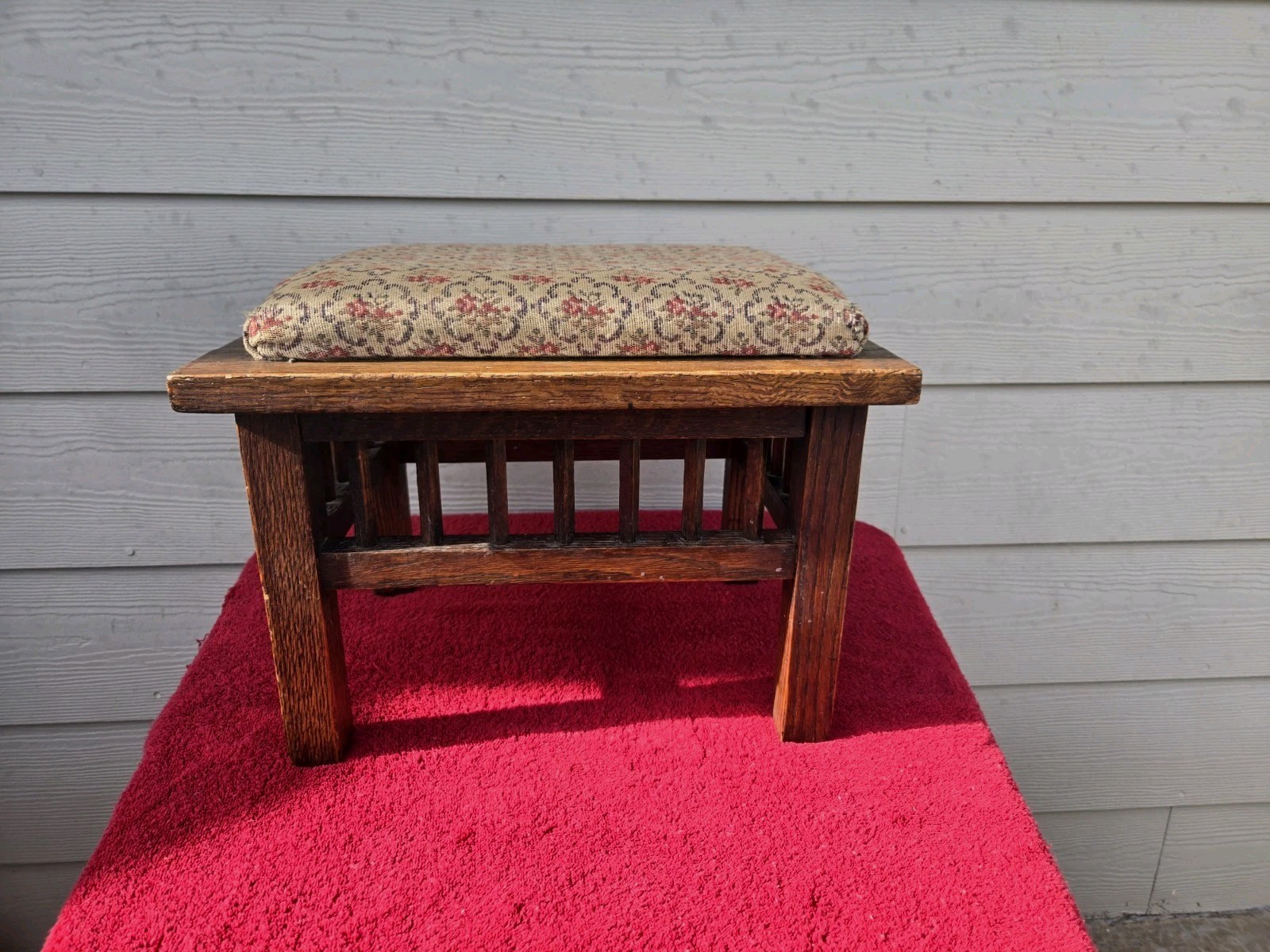 Vintage Solid Wood Foot Stool Bench Upholstered Seat Mission Style 15” Sturdy