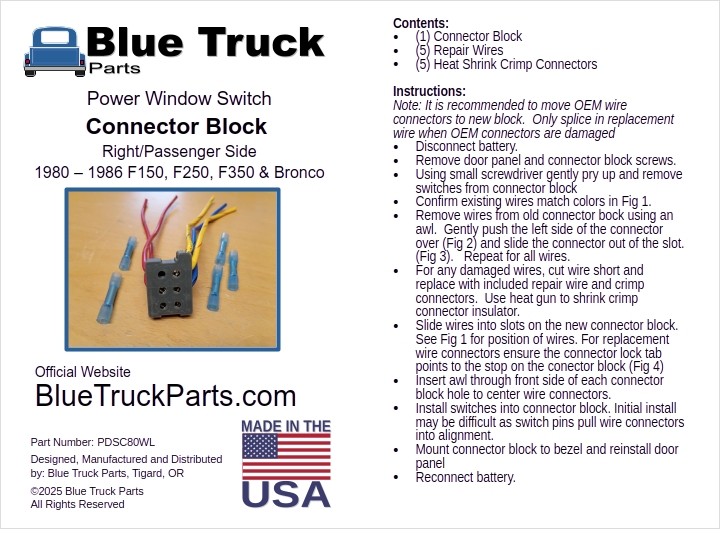 80-86 Right Power Window Switch Connector w/ Wire Pigtail F150 F250 F350 Bronco