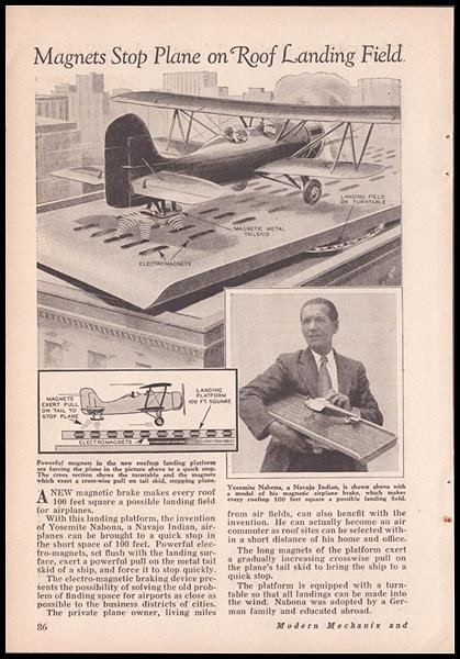 “Magnetic Brake Designed to Stop Airplanes” 1934 article Yosemite Nabona concept