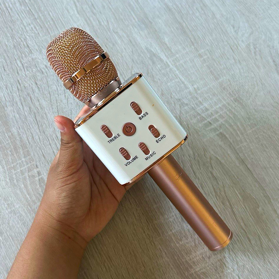 Handheld Karaoke Microphone Pink/White USB On/Off Switch Echo & Volume Control
