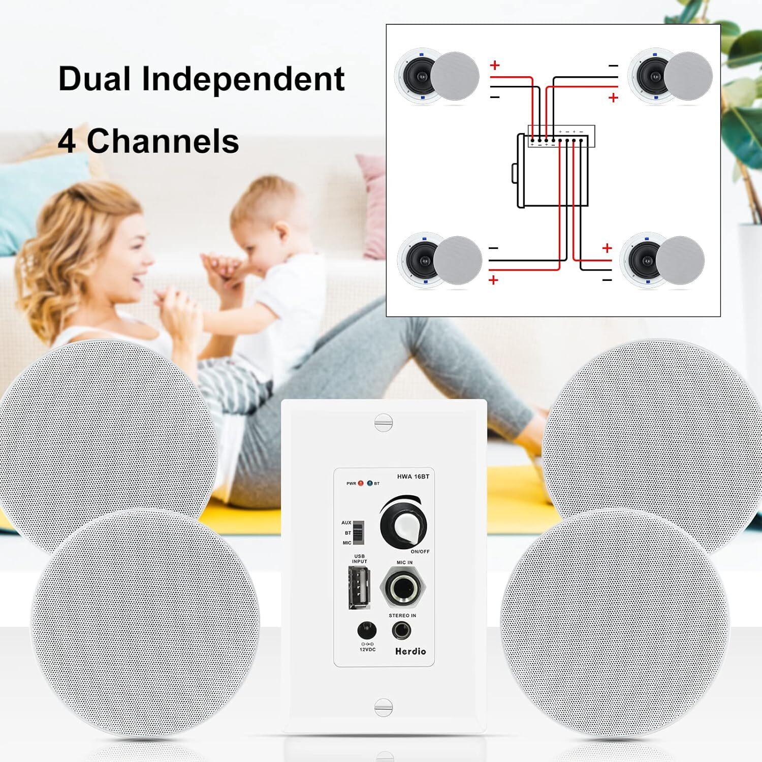 Herdio Bluetooth Wall Amplifier 4-Channels Volume Control USB/MIC/AUX(3.5mm) US