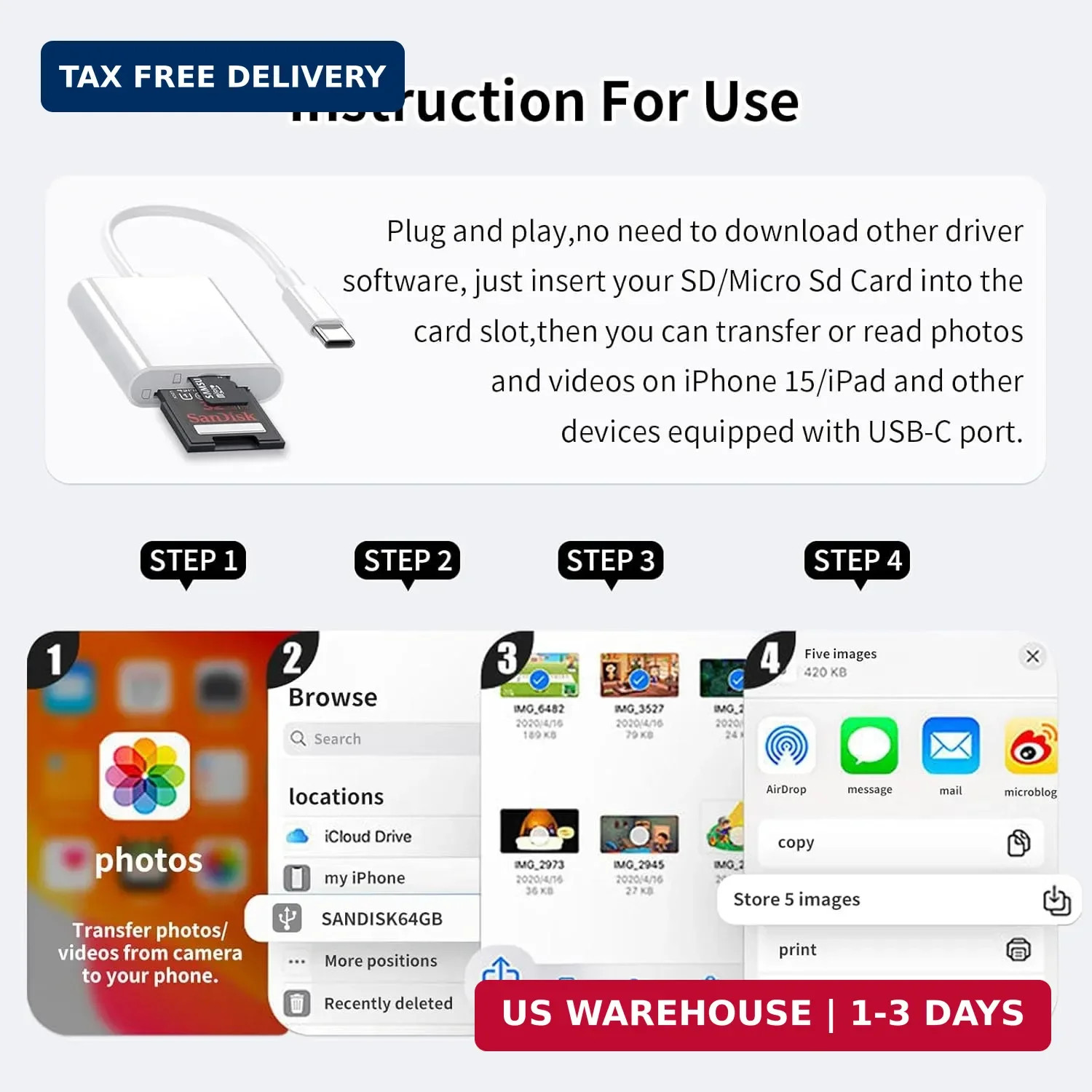 MaxRenard SD Card Reader for iPhone,sd card reader usb c & micro sd card reader,