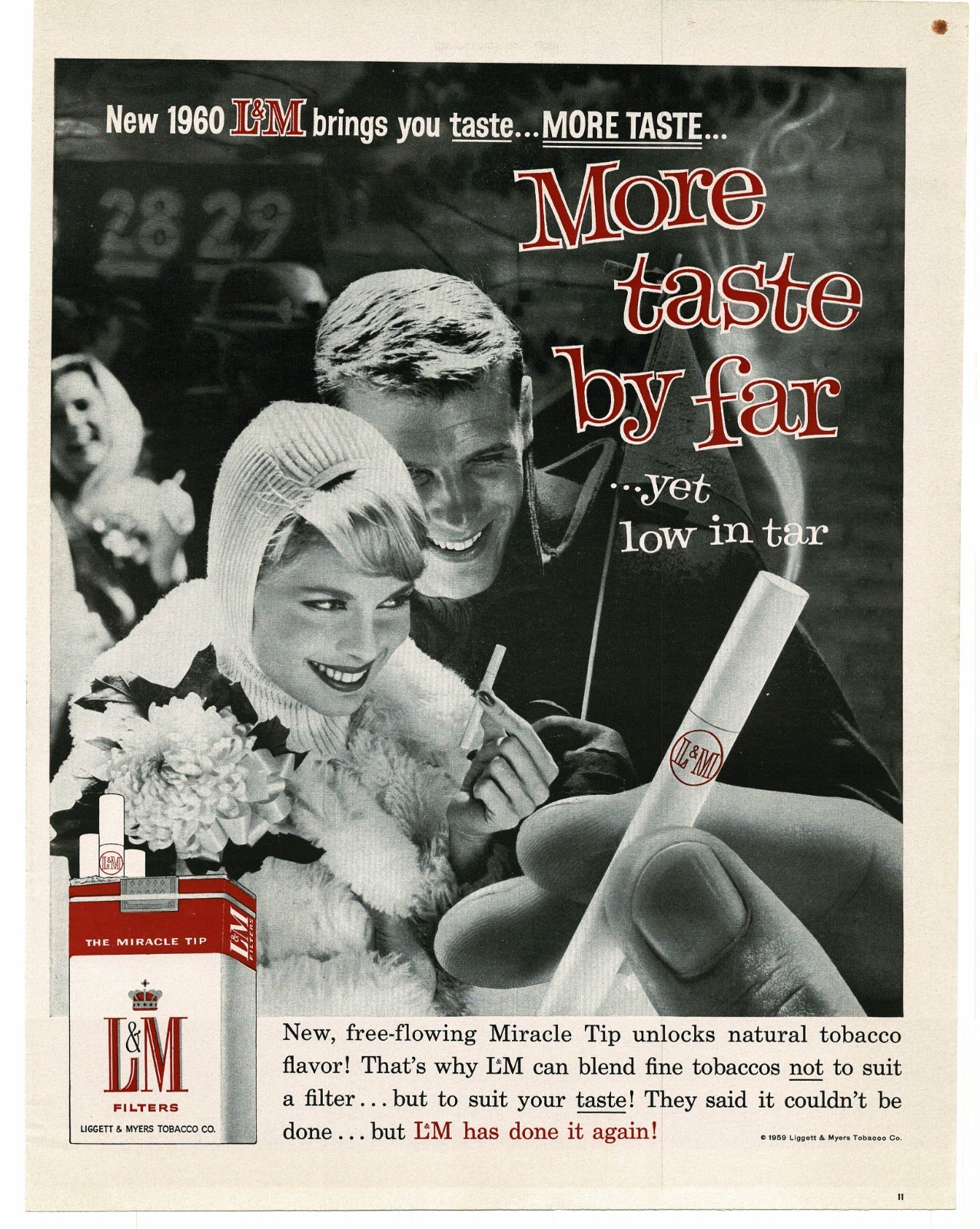 1960 L&M Cigarettes man woman at football game Vintage Print Ad