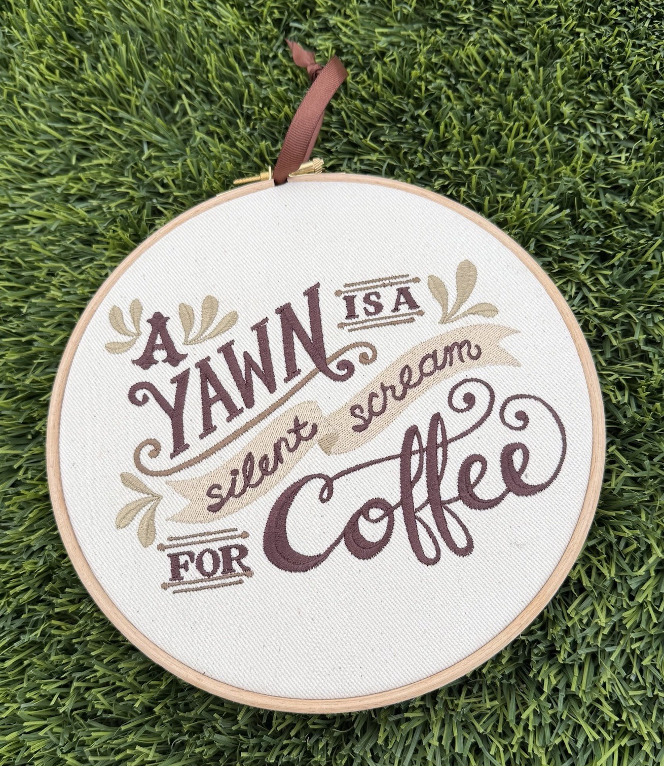 A Yawn Is A Silent Scream For Coffee Machine Embroidery in 8” Hoop- Boho Farm