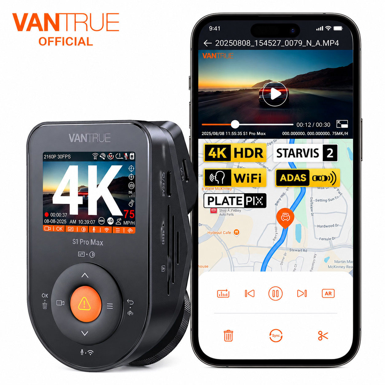 Vantrue S1 Pro Max 4K Dash Cam Front Dash Camera Night Vision, GPS, 5GHz WiFi