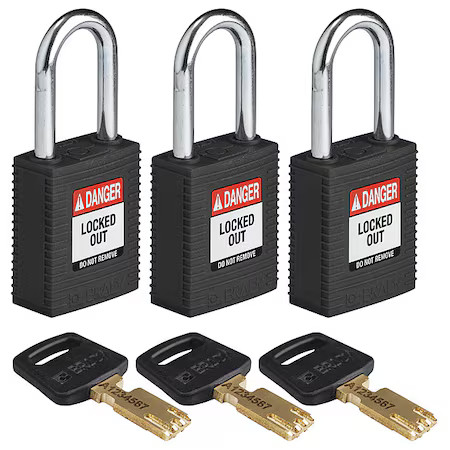 Brady Nyl-Blk-38St-Ka3pk Lockout Padlock, Keyed Alike, Nylon, Black, 1 1/2 In