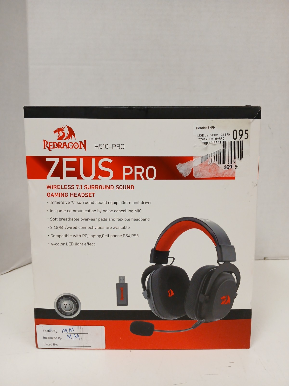 Redragon Zeus Pro H510 Wireless Gaming Headset, Black/Red