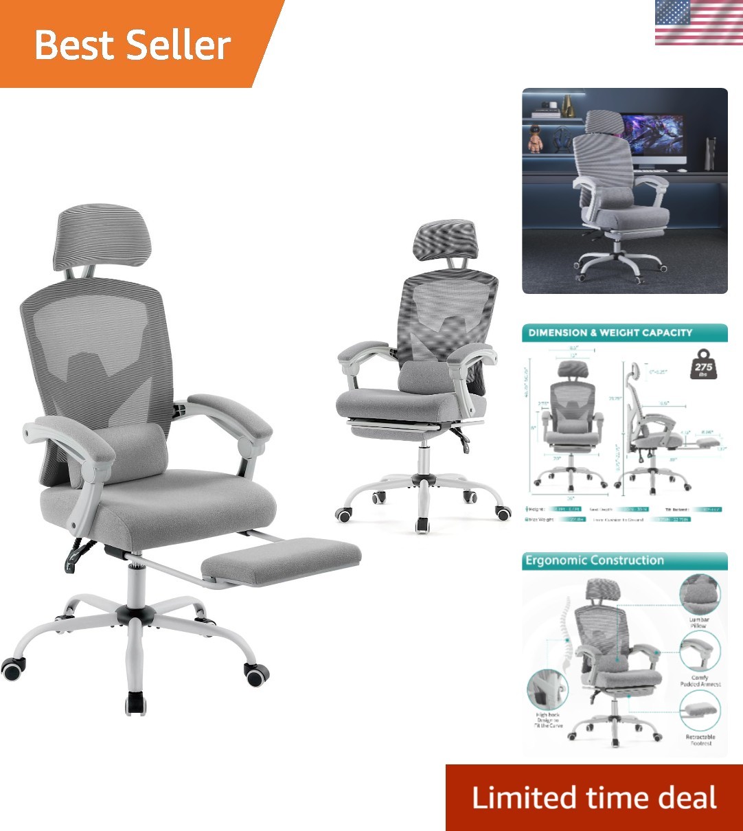 Adjustable Ergonomic Office Chair with Mesh Back & Retractable Footrest - Grey