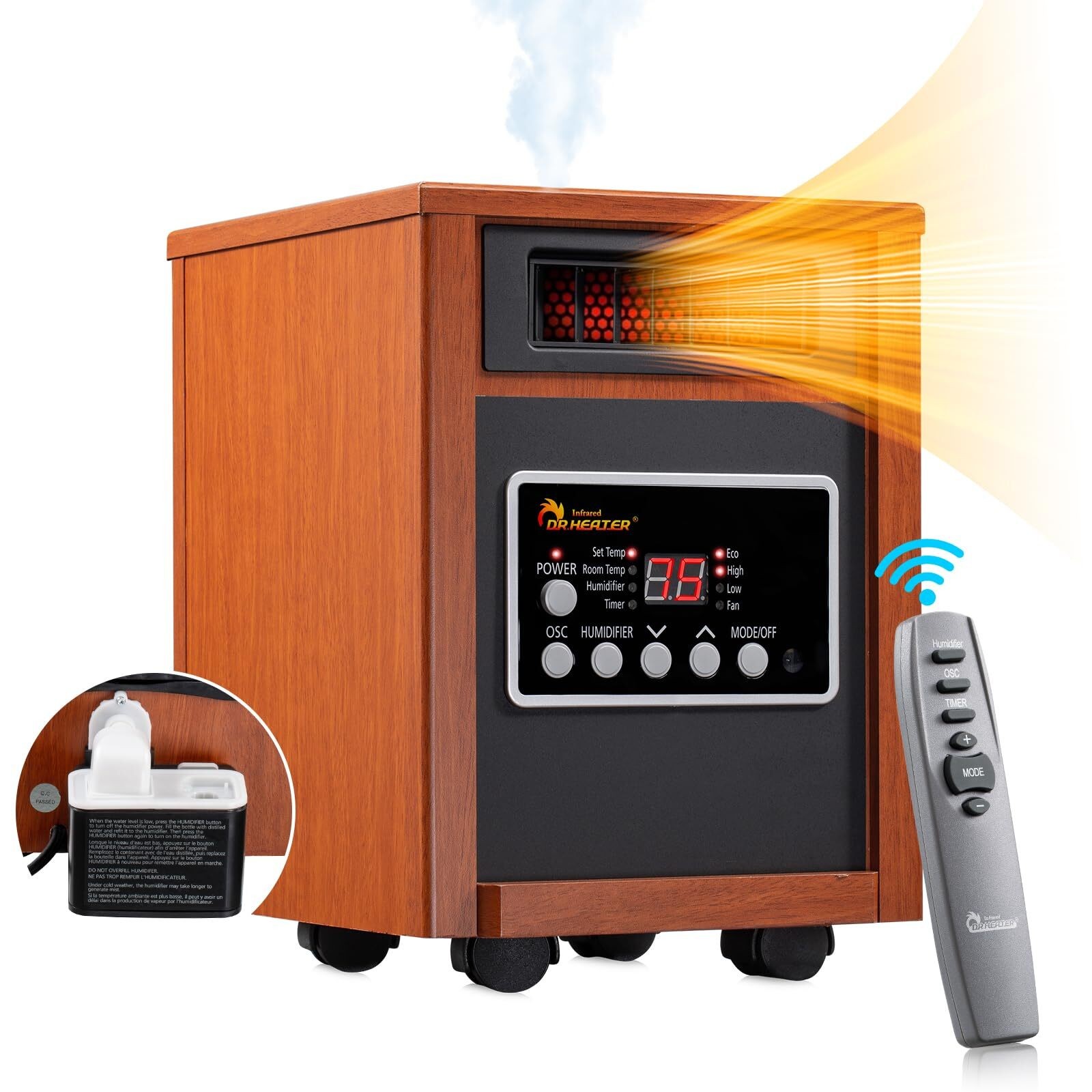 1500W, Space Heater with Humidifier, Oscillation Fan & Remote Control