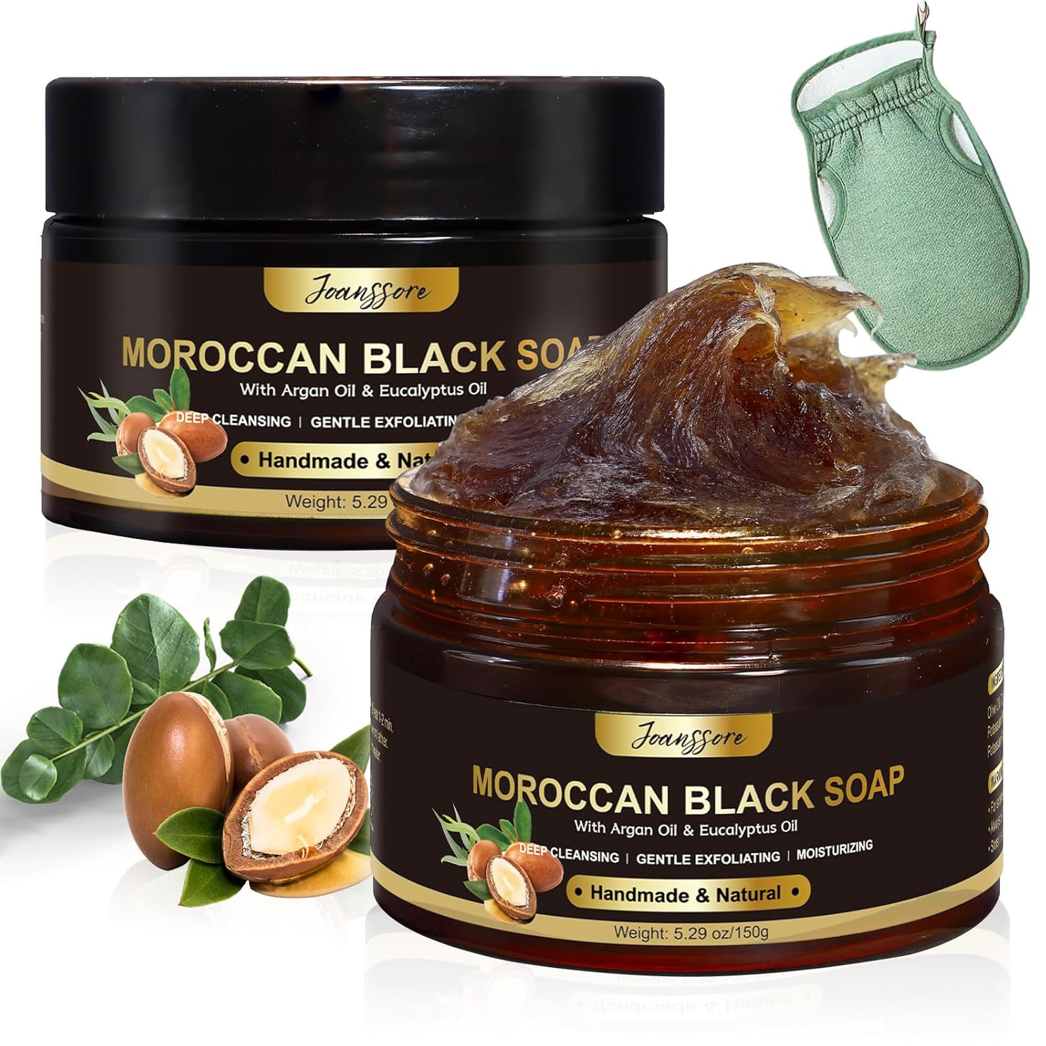 2 Pack Moroccan Black Soap Hammam, Morocco Body Scrub with Exfoliating Glove, Ex