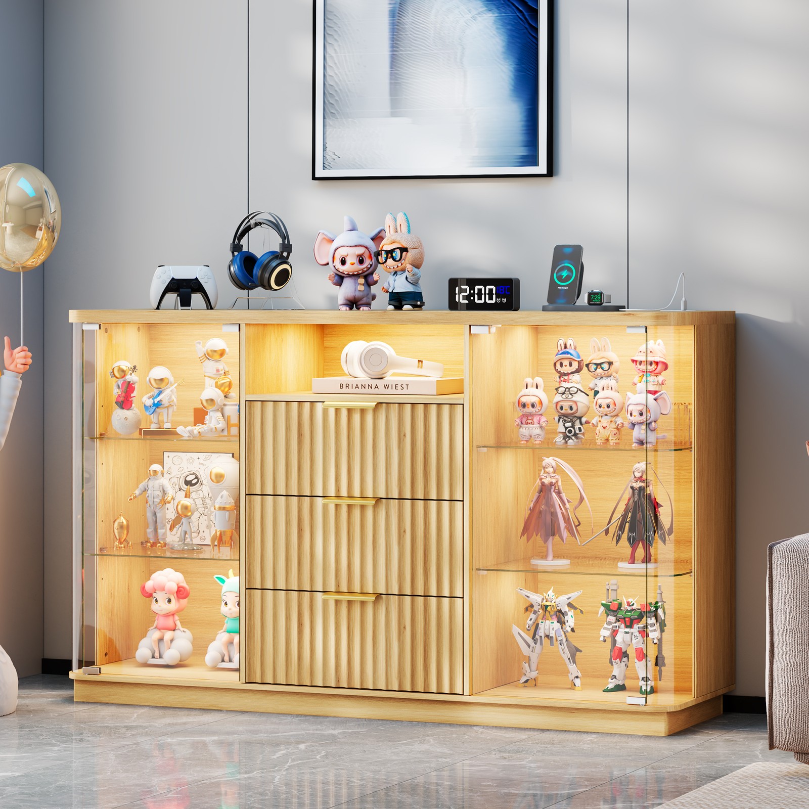Rounded Display Cabinet with Glass Doors, Curio Cabinet with Human Body Sensor