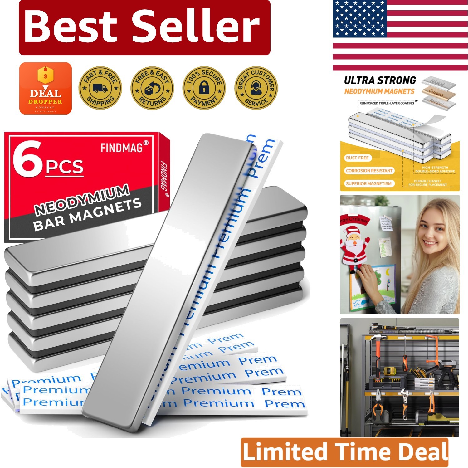 6 Strong Neodymium Bar Magnets with Adhesive - Ideal for Crafting & Organizing