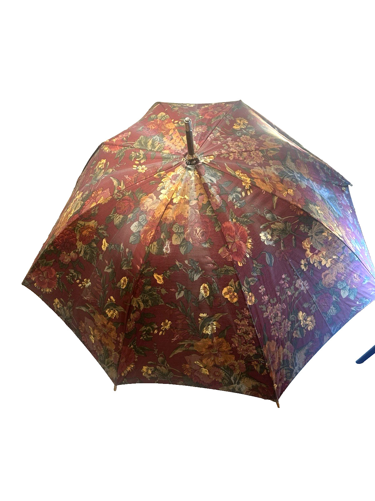 Vtg Brown Red Floral Umbrella Parasol With Wooden Handle Polyester/Cotton