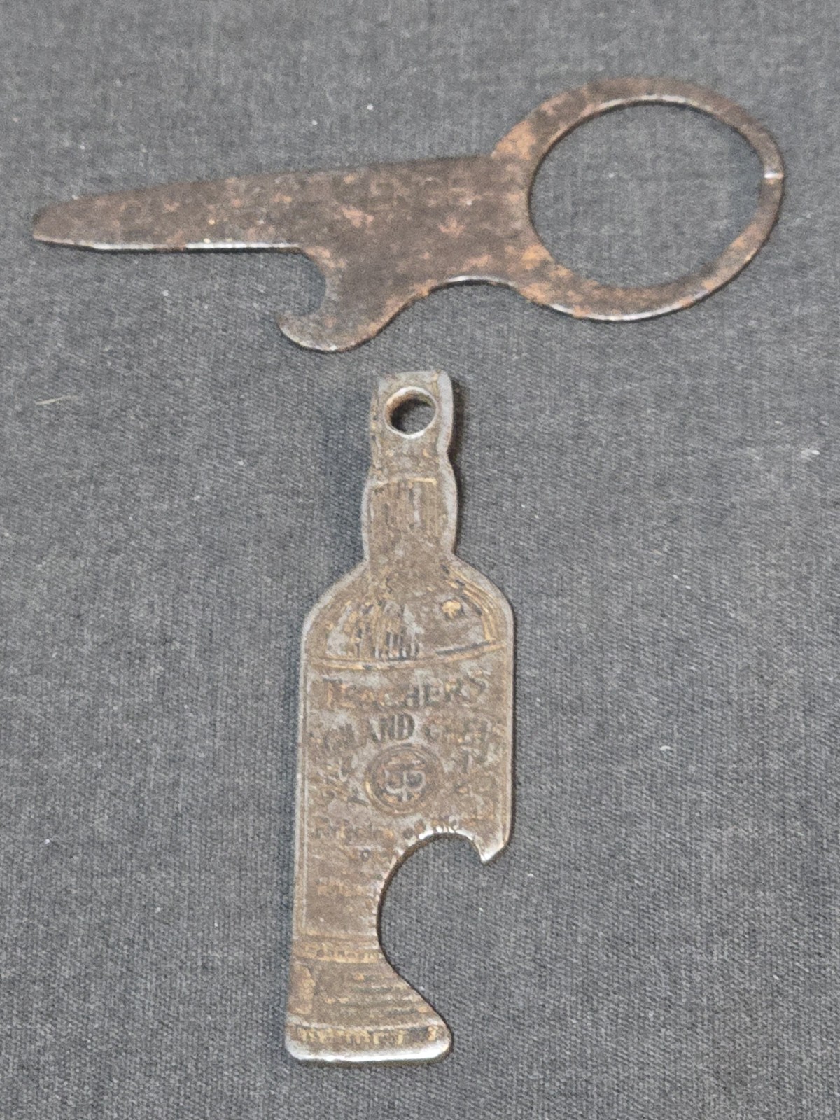 2 Vtg Bottle Openers American Ellwood Fence & Teacher's Highland Cream Whiskey