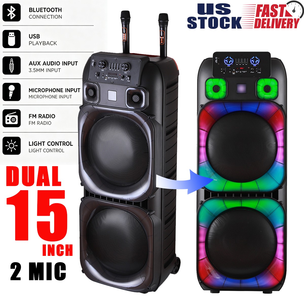 Dual 15" Massive Speaker Wireless Mic TWS PA System Party Speaker LED Lights USB