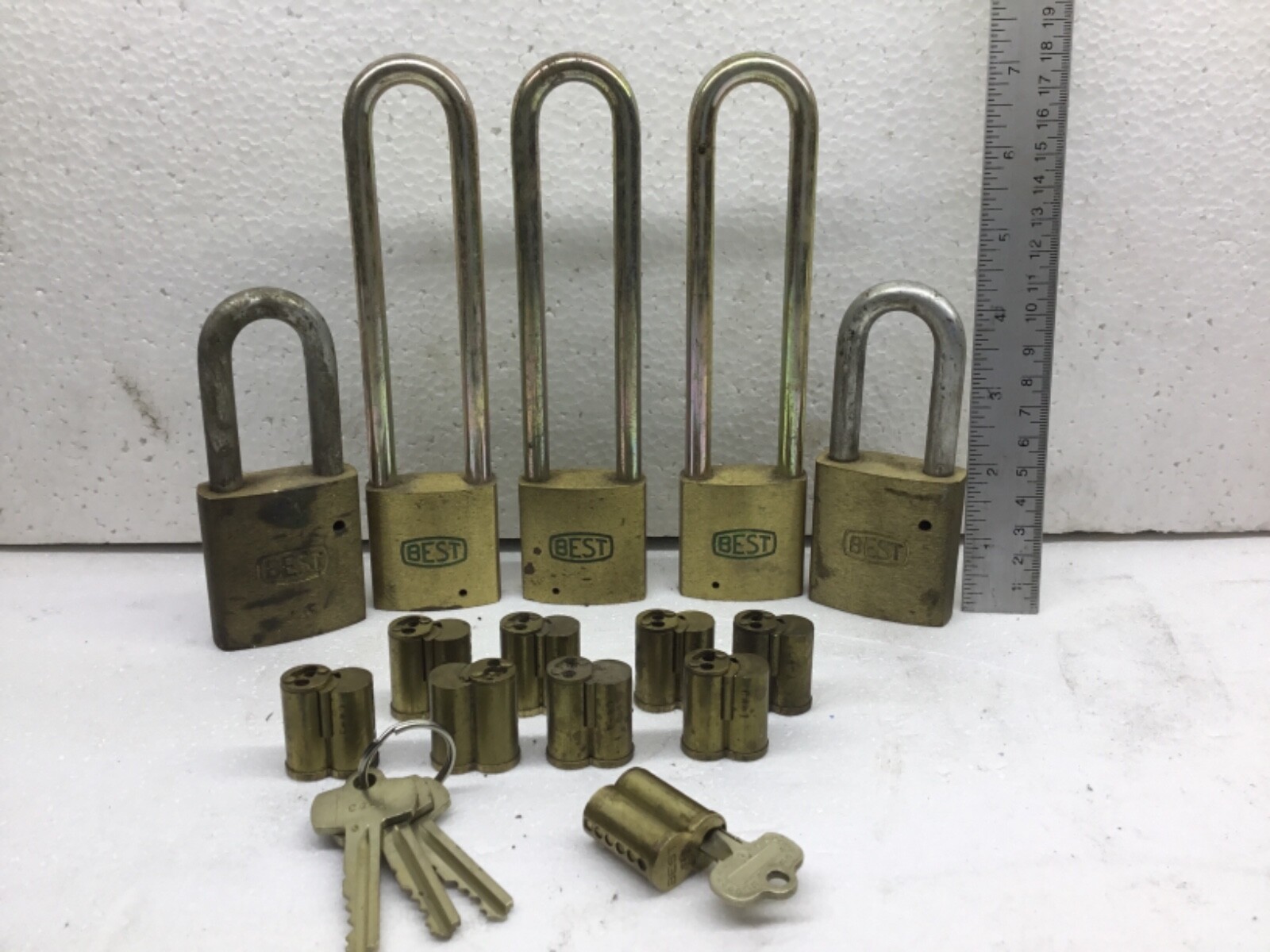 Lot x5 green BEST Padlocks 3 Keys, Keyed alike Code G long short Control CORE IC
