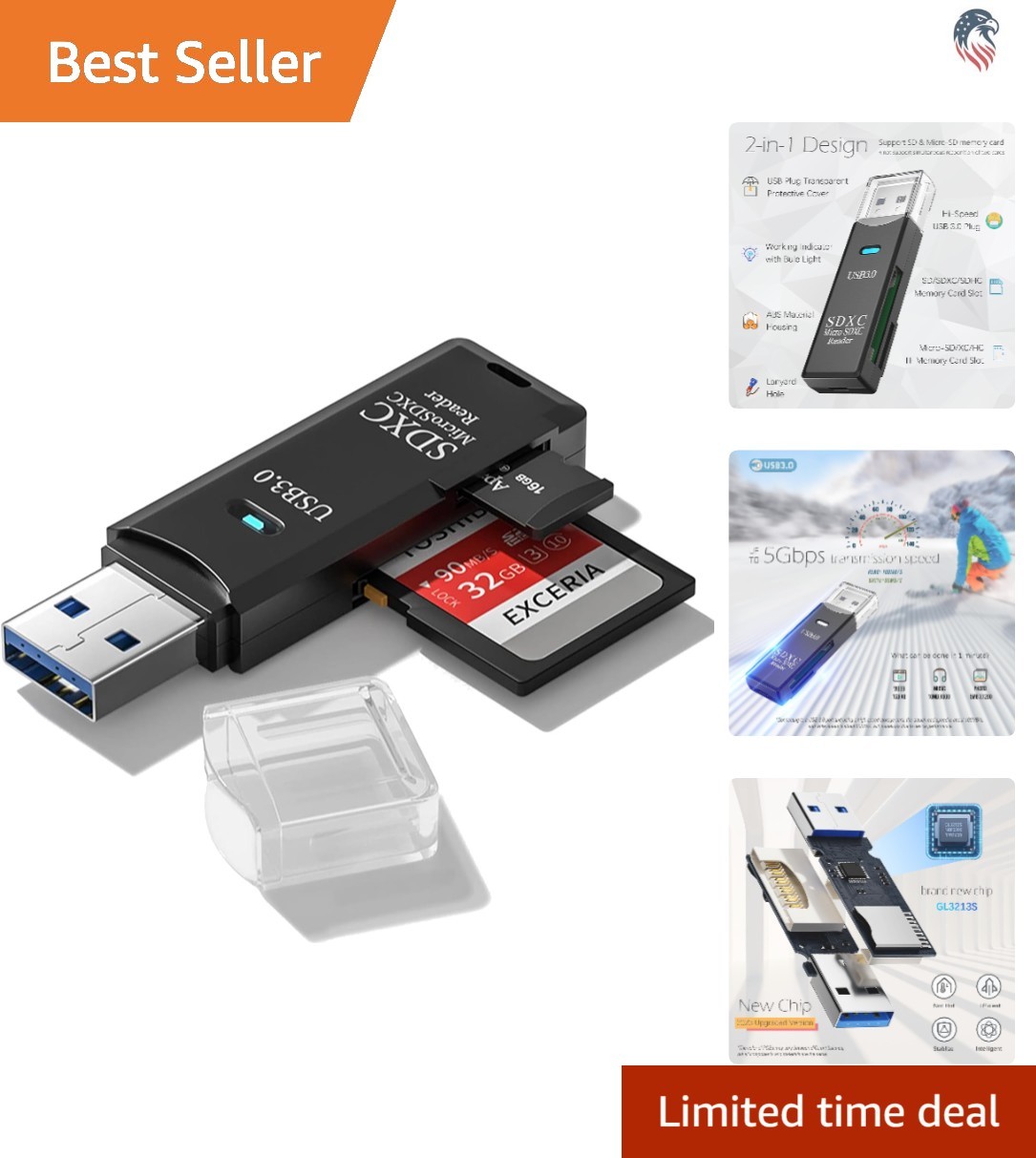 Dual Slot USB 3.0 Micro SD SD Card Reader Compatible with Windows Mac Linux A...