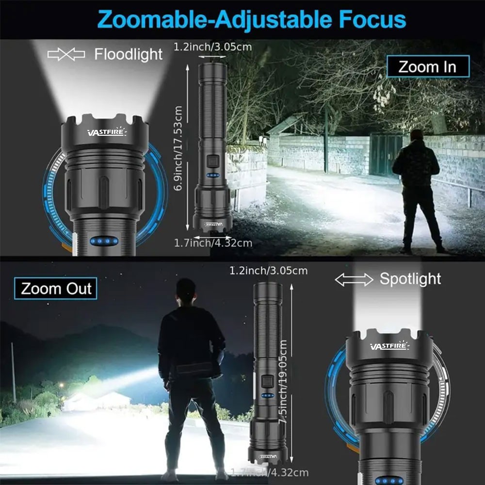 Zoom LED Flashlight Work Light USB Type-C Charging COB Side Light Torch +Battery