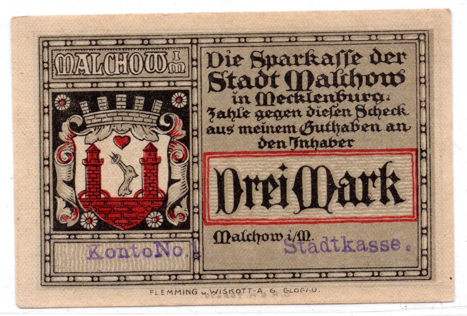 1921 Germany Malchow Notgeld 3 Mark Note (NG176)