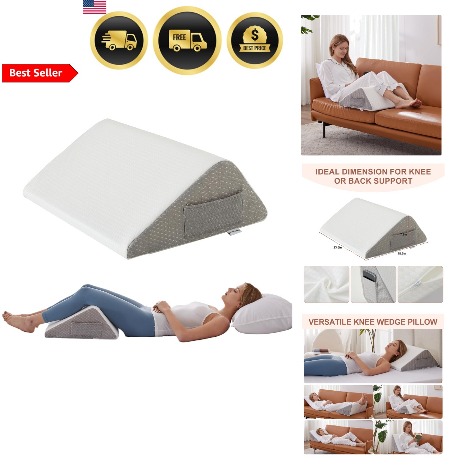 Knee Pillow for Back Pain Leg Support Memory Foam Wedge Cushion 23.6x18.9 Inches