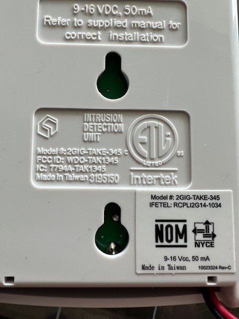 2GIG INTRUSION DETECTION UNIT Model # 2GIG-TAKE-345 INTERTEK