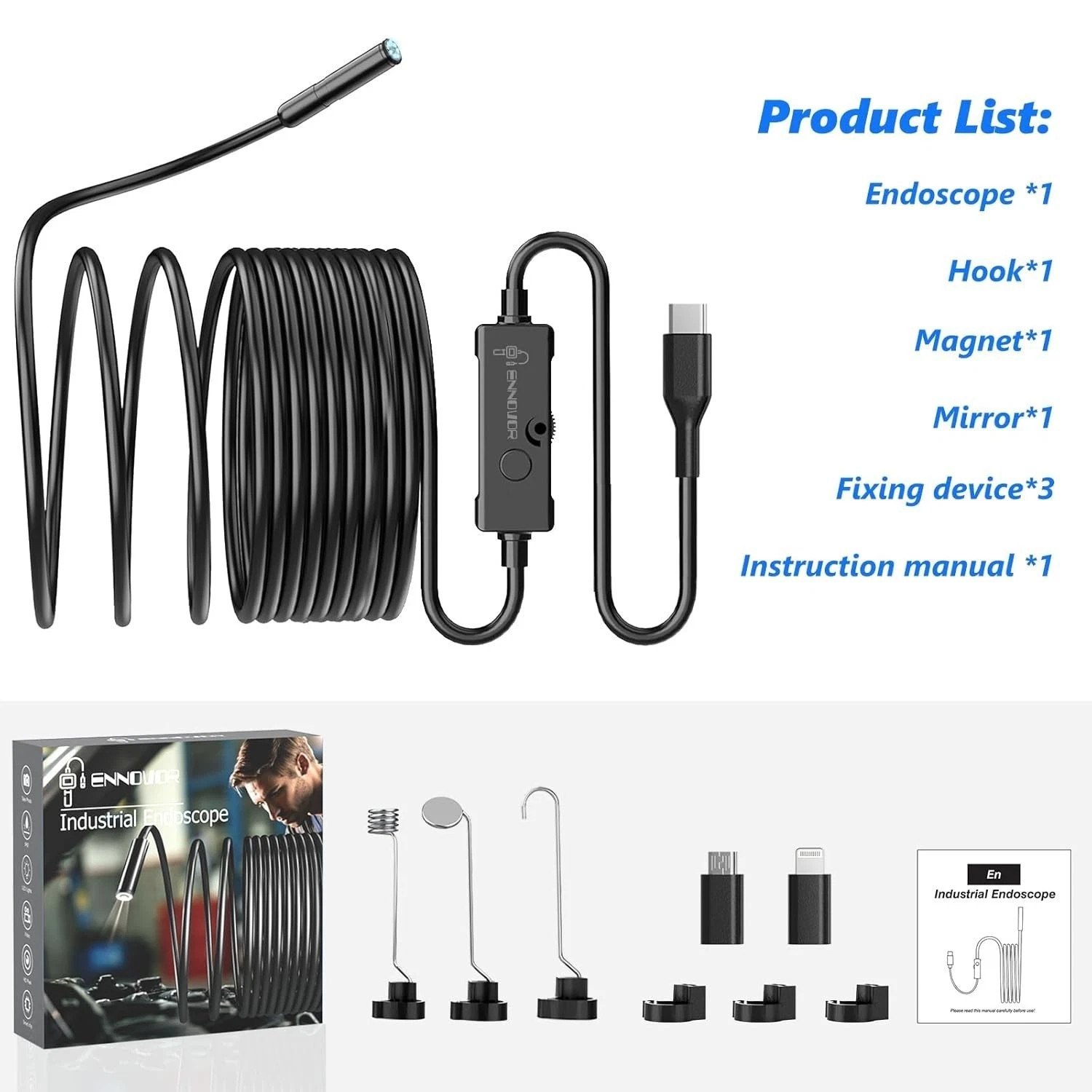 5M Endoscope Camera with Light,1920P HD Borescope Camera for iOS,Android,a