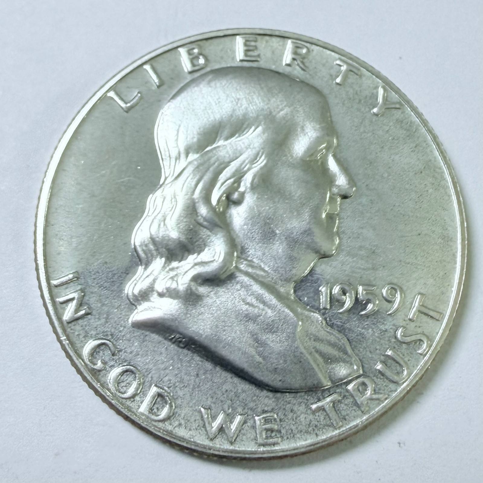 1959 PROOF FRANKLIN HALF DOLLAR, 90% SILVER, ABOUT UNCIRCULATED DETAILS #9743