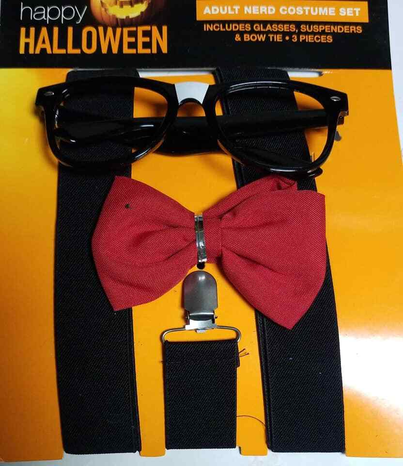 Adult Nerd Costume 3pc Set Black Suspenders Red BowTie Black Glasses-New