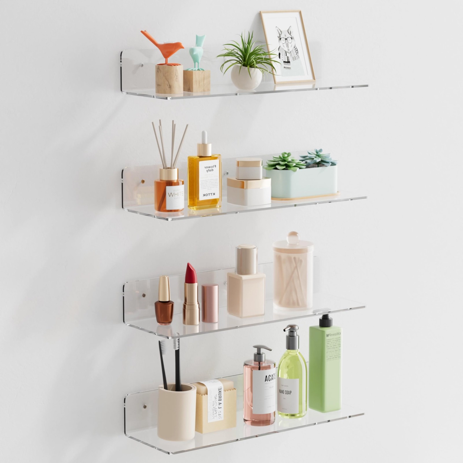 4-Pack Clear Acrylic Floating Shelves, 12" Invisible Wall Mounted Shelves – S...