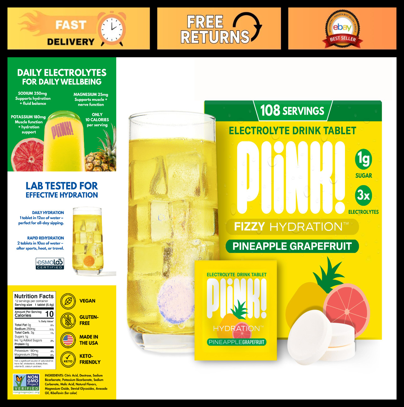 Fizzy Electrolyte Tablets - Pineapple Grapefruit, 108ct - Daily Hydration, Low S
