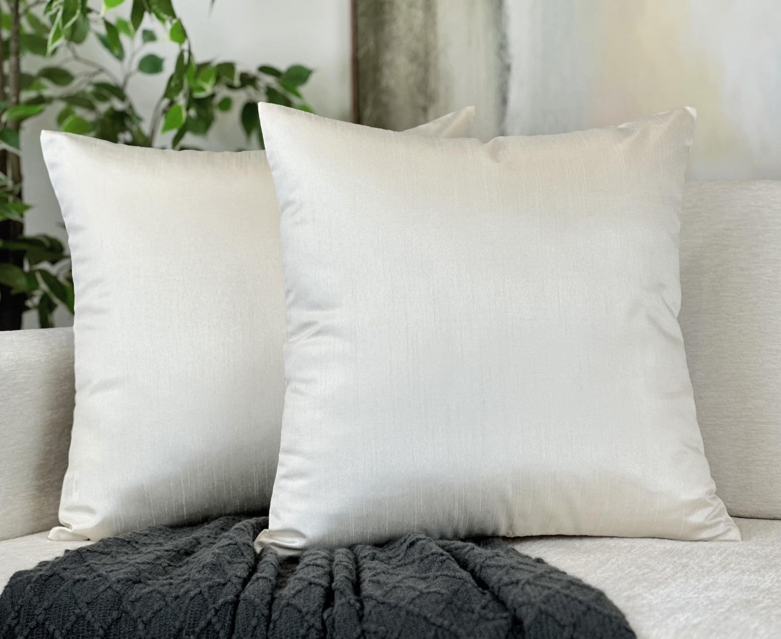26x26 Inches Faux Silk Square European Shams, Zipper Closure, Ivory (Set of 2)