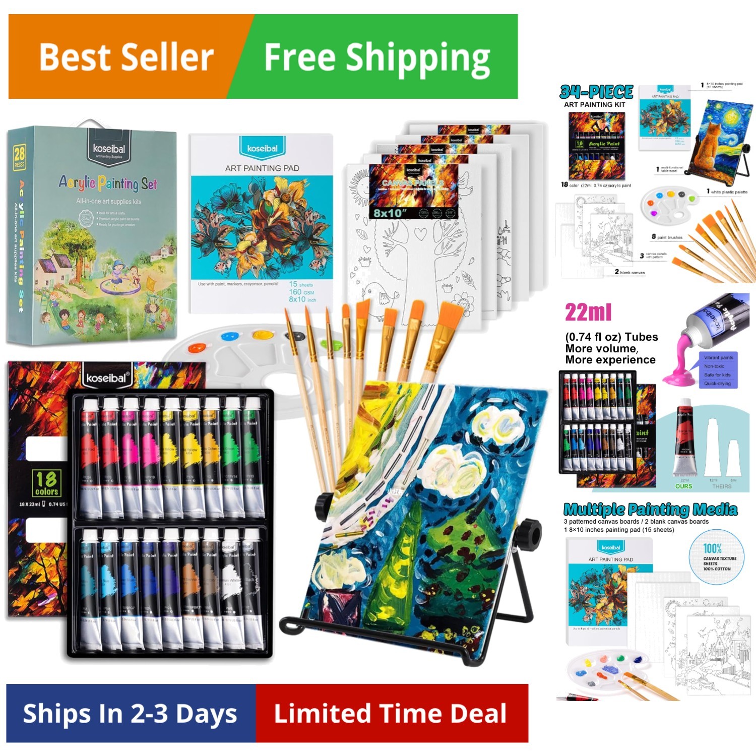 Acrylic Paint Set for Kids, Art Painting Supplies Kit with 18 Paints, 5 Canva...