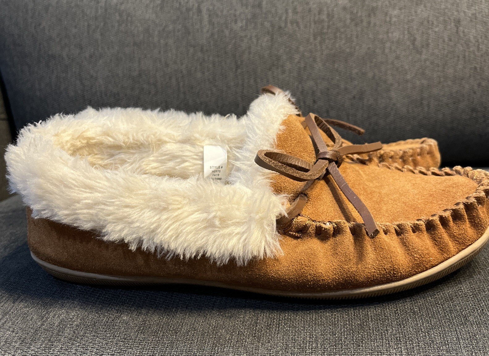 J Crew Suede Faux Shearling Lodge Moccasin Slippers Dark Nutmeg Size 6