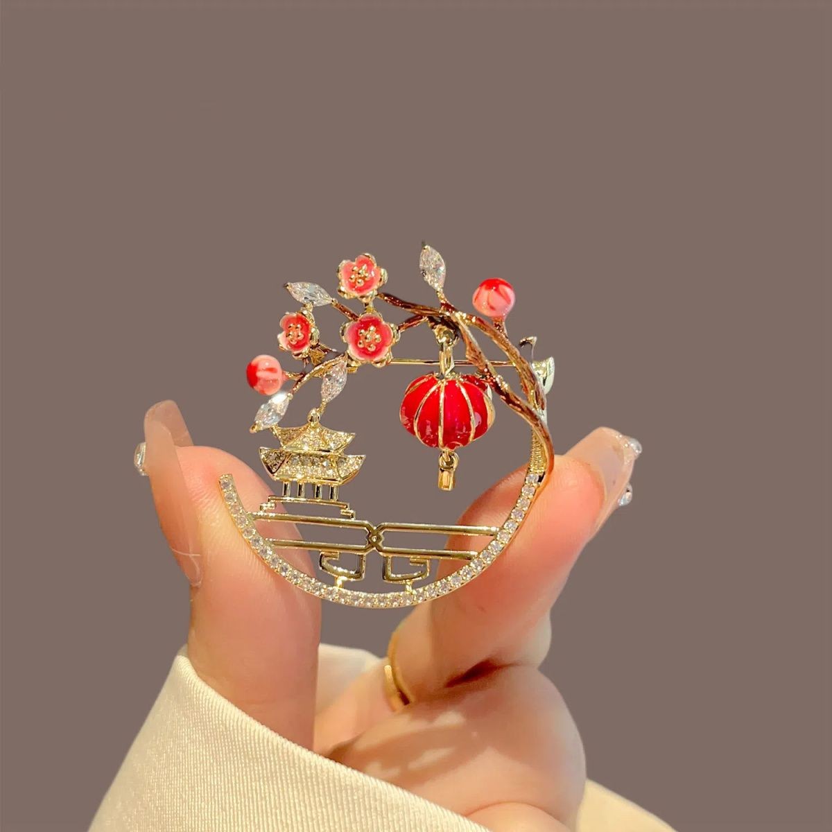 Chinese Style Plum Blossom Lantern Brooch Red Coat Lapel Pin Jewelry