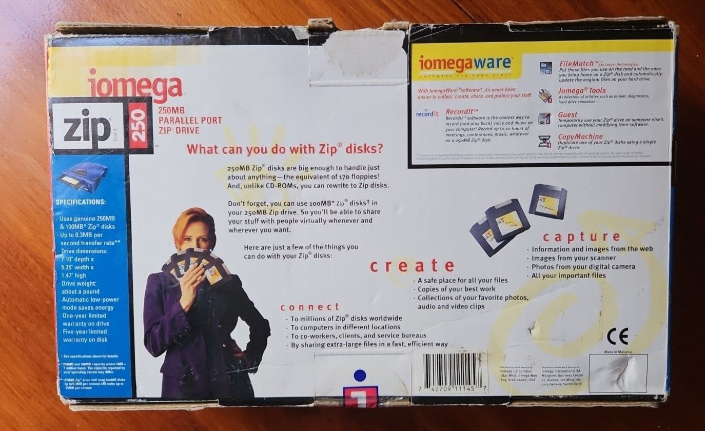 NO DISK DRIVE - Iomega 250 Zip Drive Original Box w/ Software and Instructions