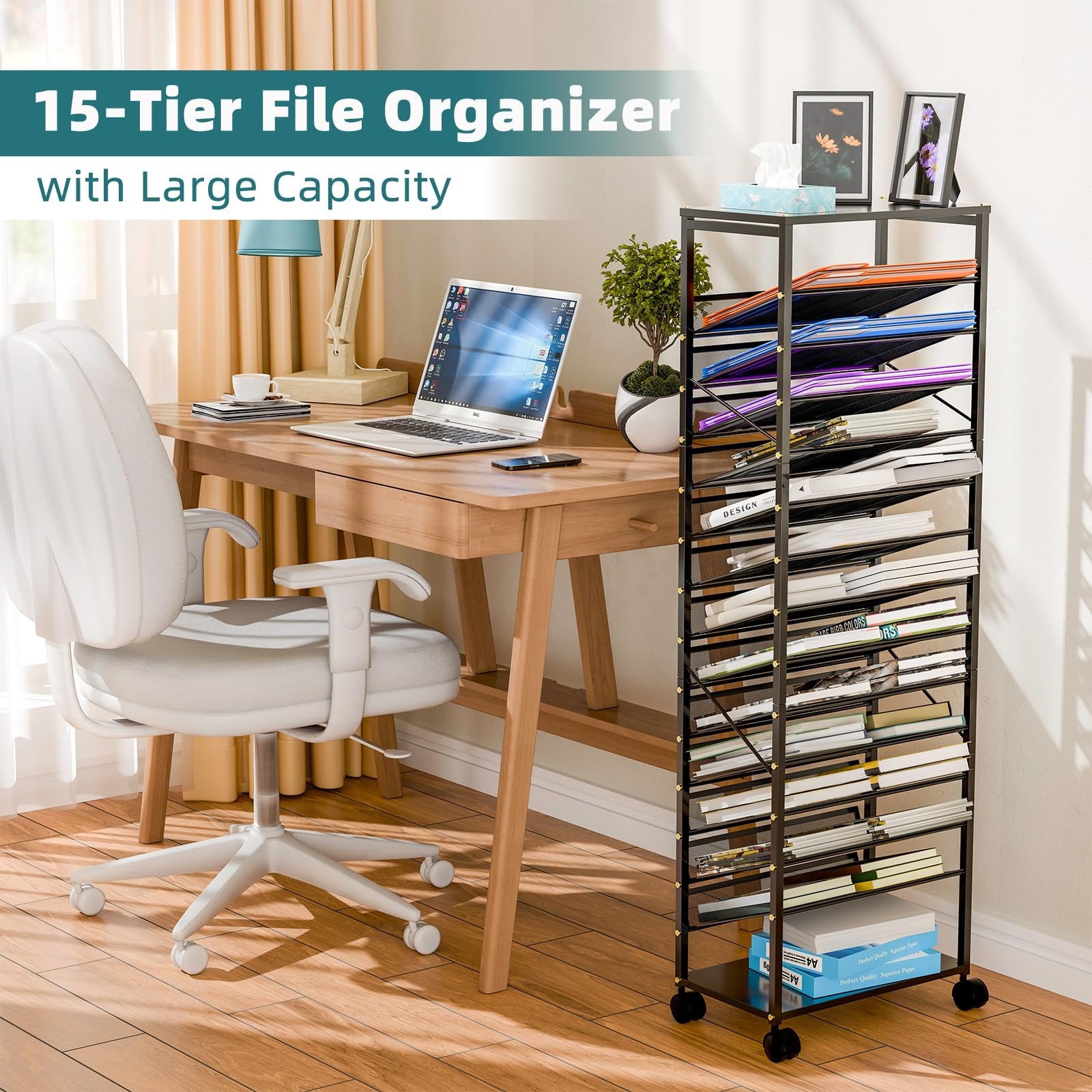 15 Tier Rolling File Cart, Sturdy and Durable Desk File Organizer with Metal ...