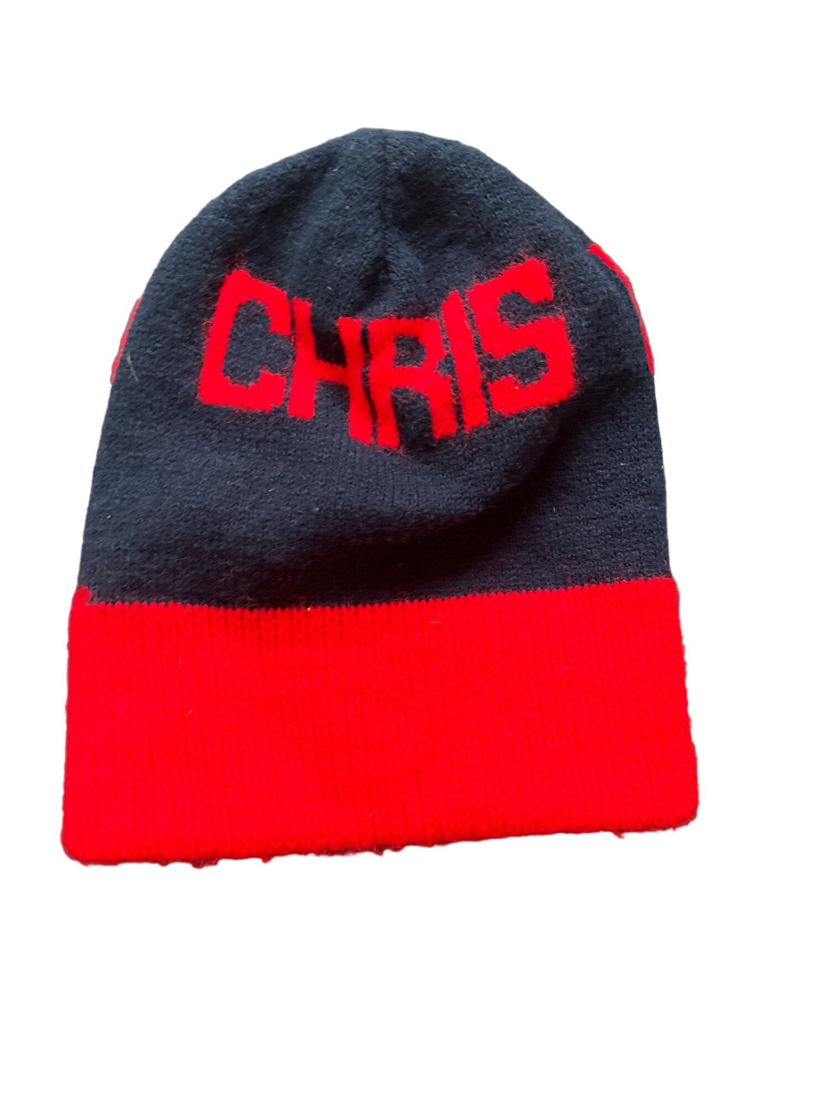 Chris Monogram Navy & Red Beanie Hat Warm Winter Knit