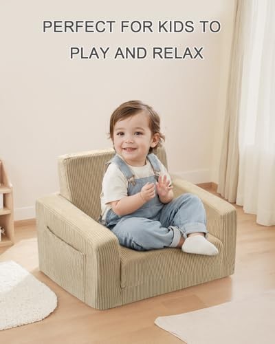 Toddle & Kids Chair,2-in-1 Soft Toddler Couches that Fold Out,Toddler Beige