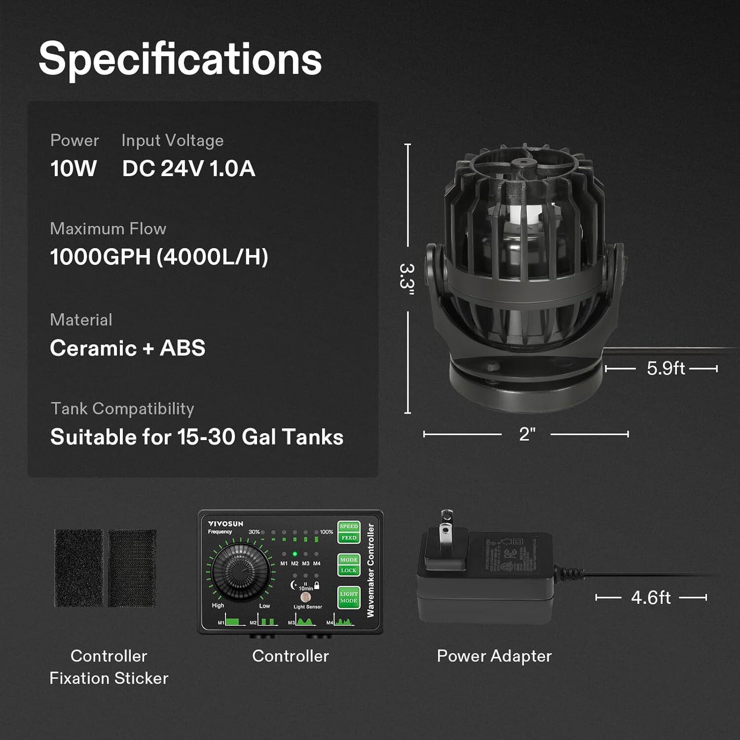 VIVOSUN 10W 1000GPH Aquarium Wave Maker Circulation Pump w/ Controller 15-30gal