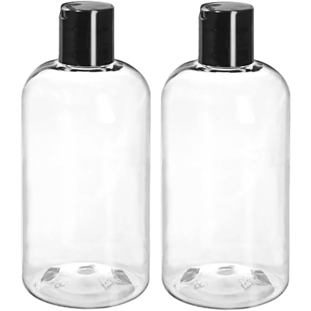 Clear Plastic Empty Bottles 8 oz with Black Disc Top Caps, Squeezable Refillable