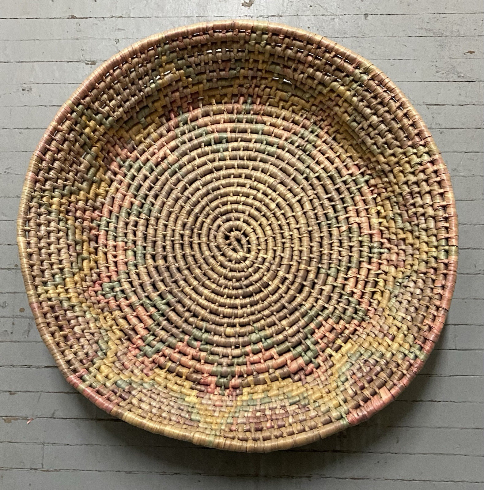 Huge 24” Vintage Handmade Dyed Palm Leaf Basket, Great Condition!