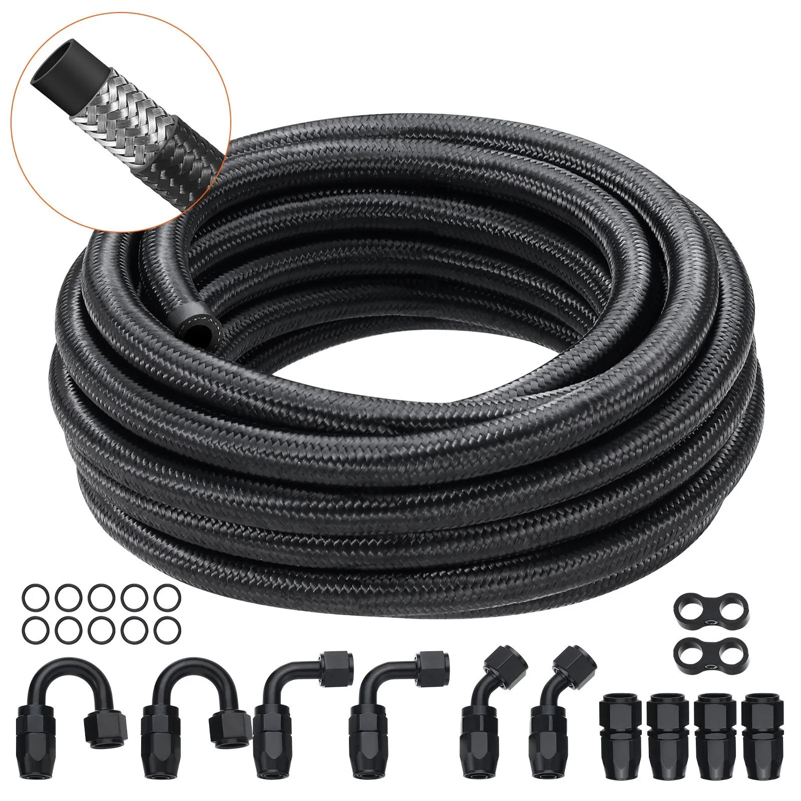 6AN Fuel Line Kit, 20 FT Fuel Hose Kit, 0.34" Nylon Stainless Steel Braided Fuel