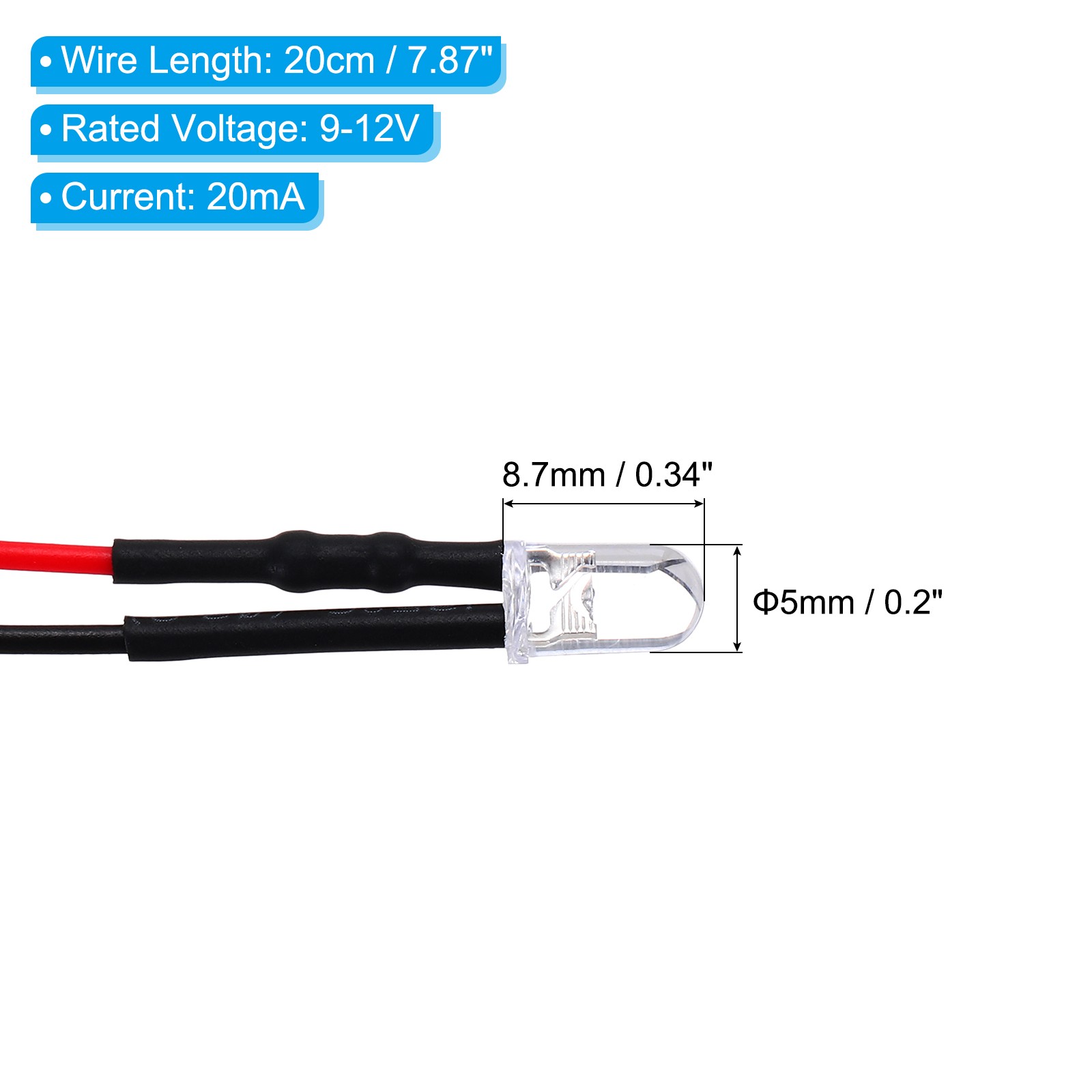 5mm LED Diode Light, 20 Pcs 9-12V DC, Orange Light