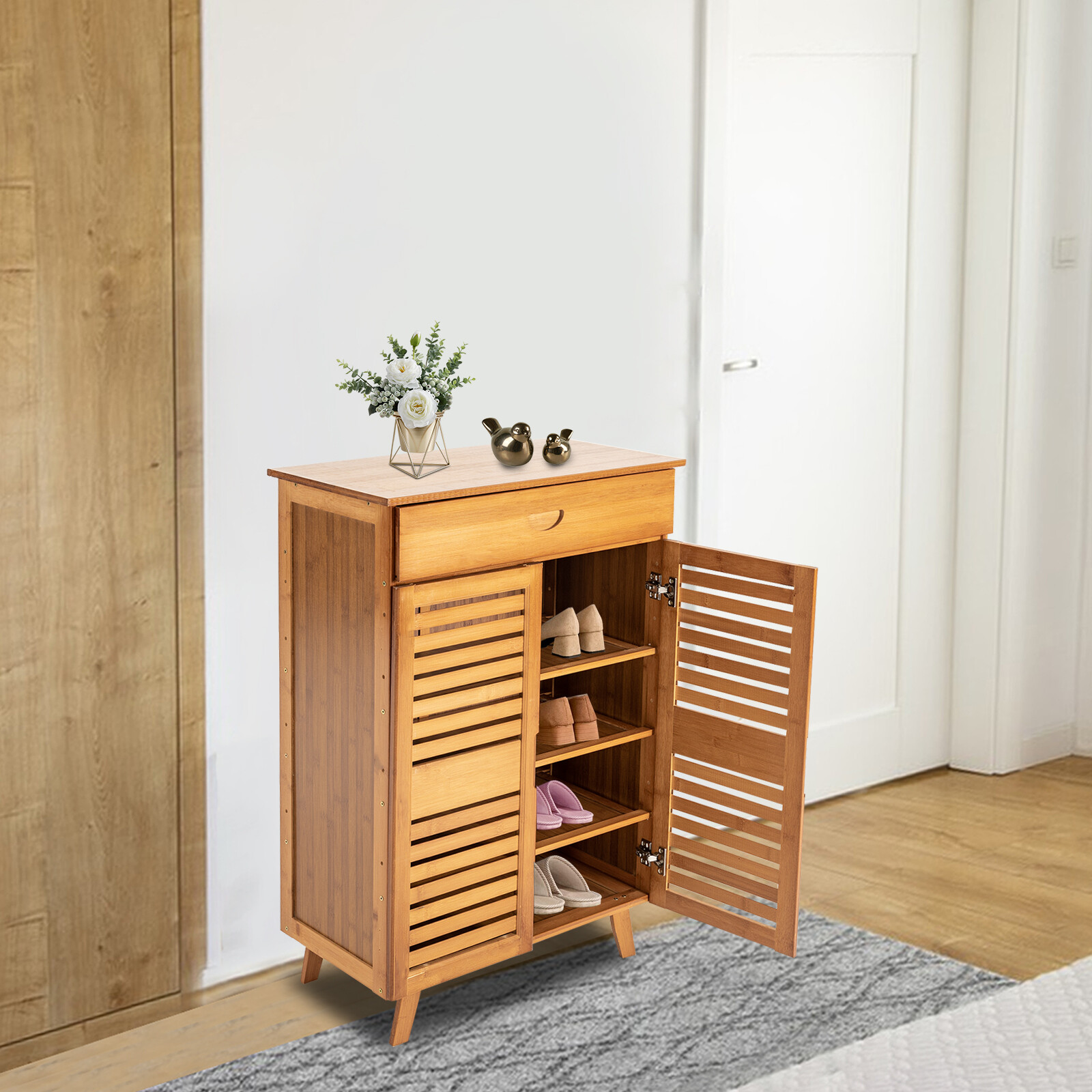 4-Tiers Bamboo Shoe Cabinet Entryway Hallway Rectangular Shoe Storage Cabinet