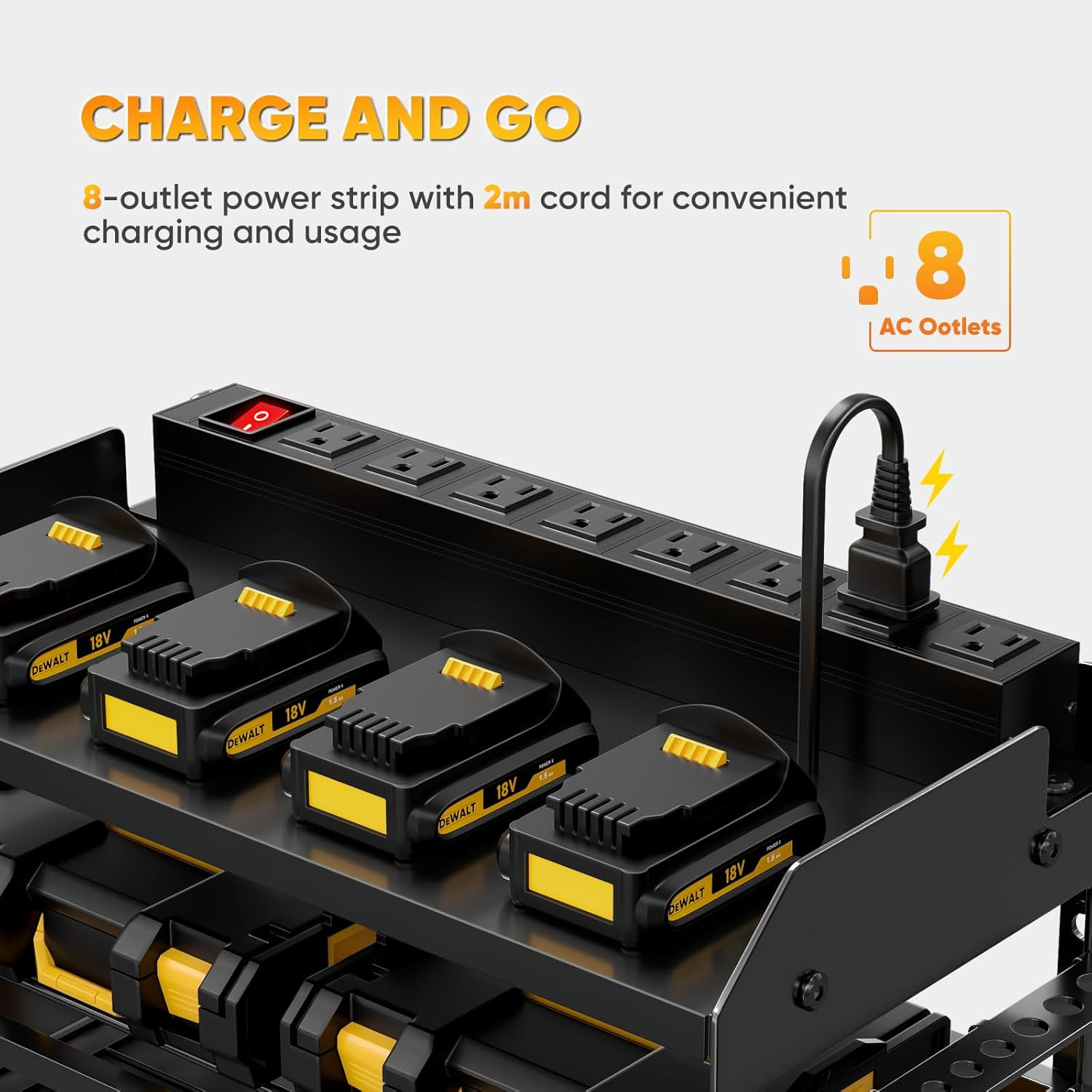 Power Tool Organizer Wall Mount with Charging Station,Tool Storage Rack with 8 O