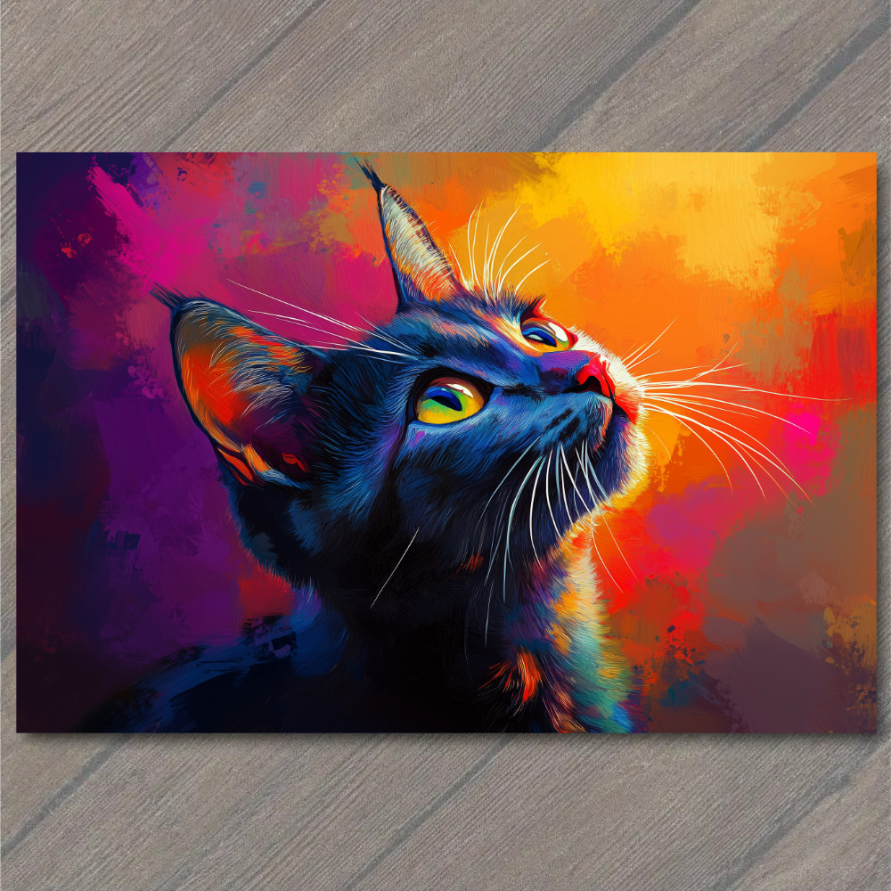 POSTCARD Black Cat Bright Whiskers Colorful Orange Purple Red Blue Background