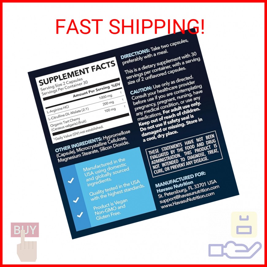 L-Arginine Capsules with L-Citrulline - Nitric Oxide Supplement -60 Count