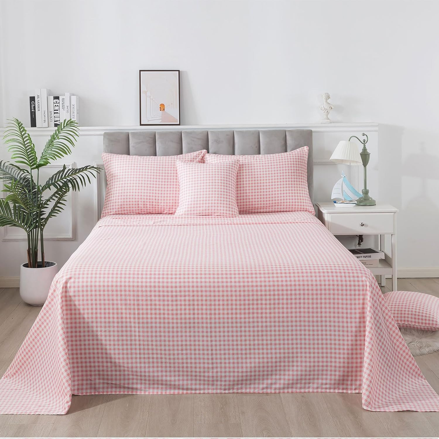 Ultra Soft Pink Plaid King Size Cotton Sheets with 2 Pillowcases - 4Pcs Set